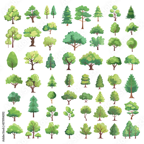 Cartoon trees set. Many tree vegetation, botanical garden park elements trunk with green foliage oak pine eco evergreen woodland vector illustration