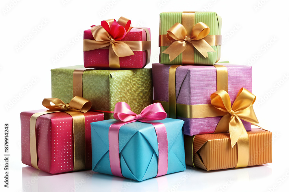 A stack of colorful presents with bows on top. The presents are of different sizes and colors, and they are piled on top of each other. Concept of joy and excitement A stack of colorful presents with bows on top. The presents are of different sizes and colors, and they are piled on top of each other. Concept of joy and excitement