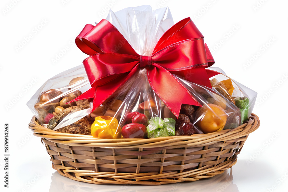 A basket of fruit and nuts is wrapped in red ribbon and placed on a white background. The basket is filled with a variety of fruits and nuts, including apples, oranges, and almonds A basket of fruit and nuts is wrapped in red ribbon and placed on a white background. The basket is filled with a variety of fruits and nuts, including apples, oranges, and almonds