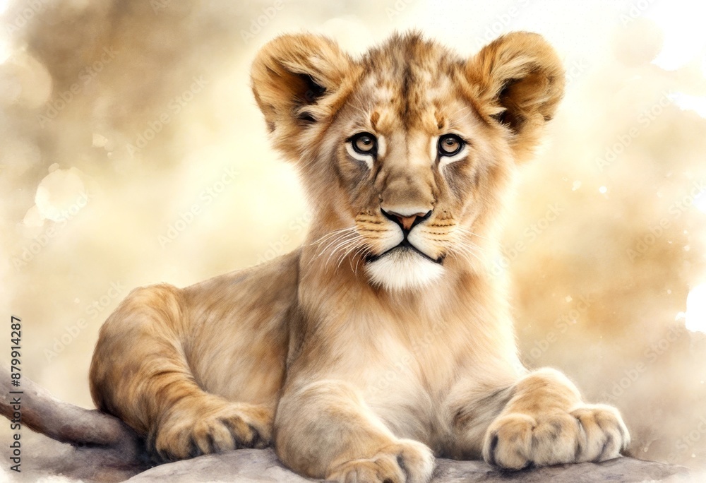 Fototapeta premium african white cute wild brown watercolor hand drawn background olated animals lion portrait happy baby character animal