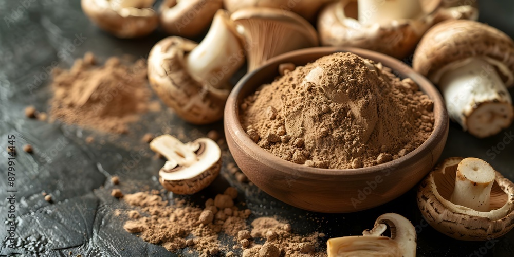 Mushroom Powder A Nutritious Option for Your Morning Coffee. Concept Mushroom Powder, Nutritious Coffee, Health Benefits, Superfood Blend, Alternative Beverages Mushroom Powder A Nutritious Option for Your Morning Coffee. Concept Mushroom Powder, Nutritious Coffee, Health Benefits, Superfood Blend, Alternative Beverages
