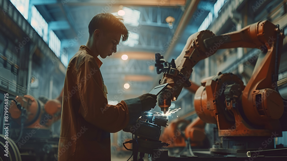 An industrial engineer manager uses a tablet to monitor and manage an automation robot arms machine in an intelligent factory. Digital manufacturing operation with robotic welding An industrial engineer manager uses a tablet to monitor and manage an automation robot arms machine in an intelligent factory. Digital manufacturing operation with robotic welding