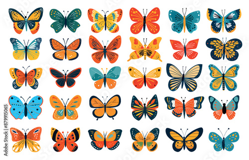 Colorful flat butterflies. Butterfly fly insect with colourful many-coloured wing, flight elegance tropical moth abstract wings silhouette cartoon set vector illustration