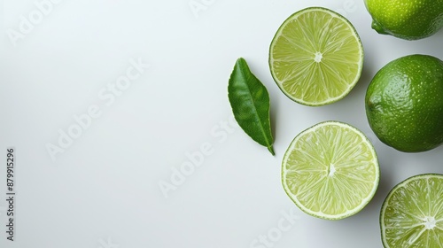 Halved green lime on a white background with copy space