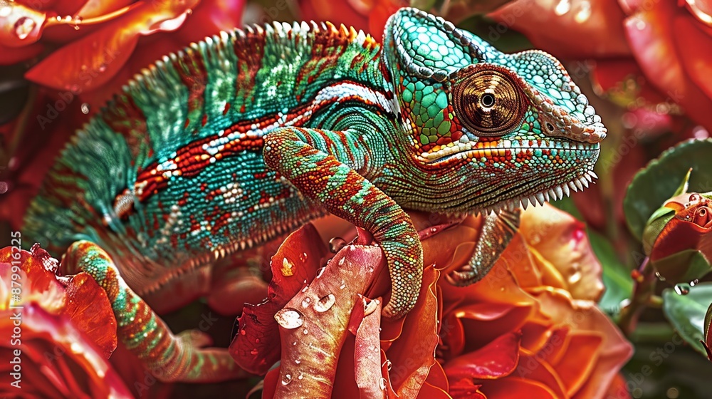 Fototapeta premium A chameleon perches on a flower, its skin blending seamlessly with the petals.