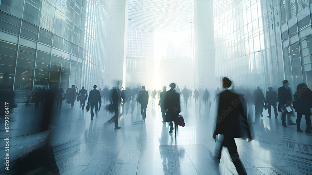 Businesspeople are seen in a long exposure photograph moving quickly through a bright office in a blurry Businesspeople are seen in a long exposure photograph moving quickly through a bright office in a blurry