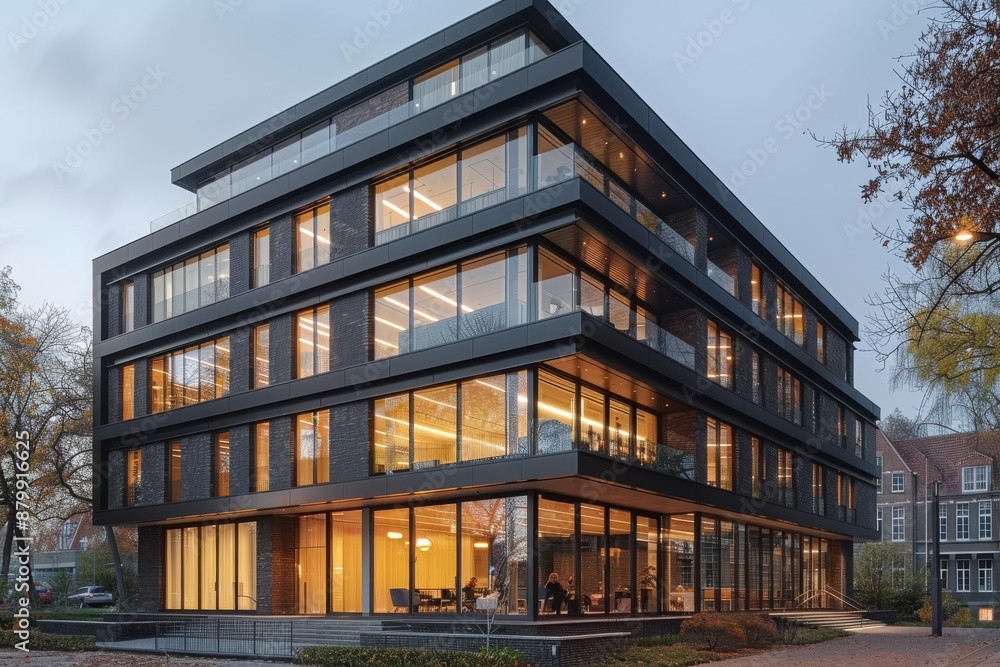 Fototapeta premium Glass office building at twilight with innovative design and elegant interiors, creating a minimalist atmosphere