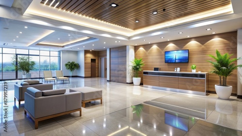 A modern hospital reception area with sleek furniture and a large LCD screen, adjoined by a well-lit corridor with polished floors.