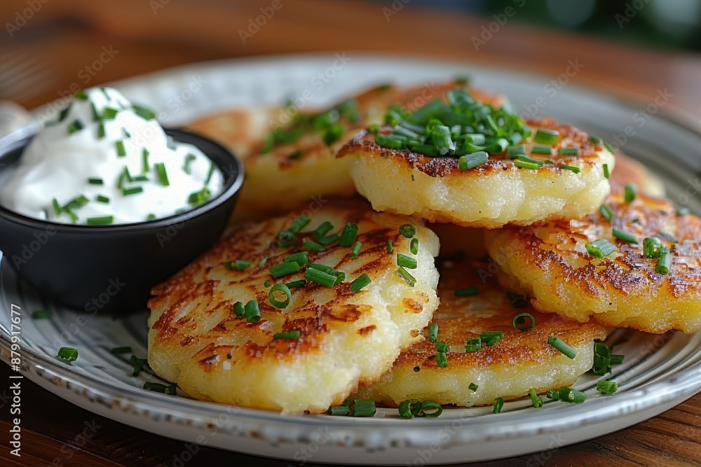 A serving of draniki, crispy potato pancakes, served with a side of sour cream and chives. A serving of draniki, crispy potato pancakes, served with a side of sour cream and chives.