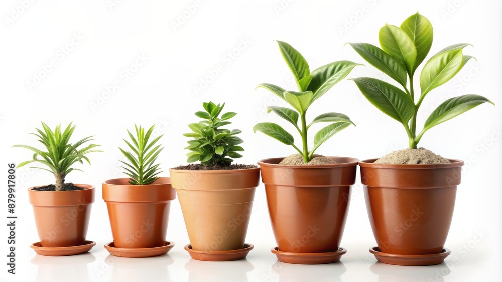 Series of potted green plants in various growth stages, from sprout to mature, arranged in a ascending order on a white backdrop. Series of potted green plants in various growth stages, from sprout to mature, arranged in a ascending order on a white backdrop.