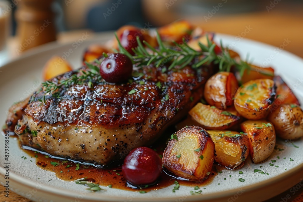 A serving of duck confit, presented with a side of roasted root vegetables and a cherry glaze. A serving of duck confit, presented with a side of roasted root vegetables and a cherry glaze.