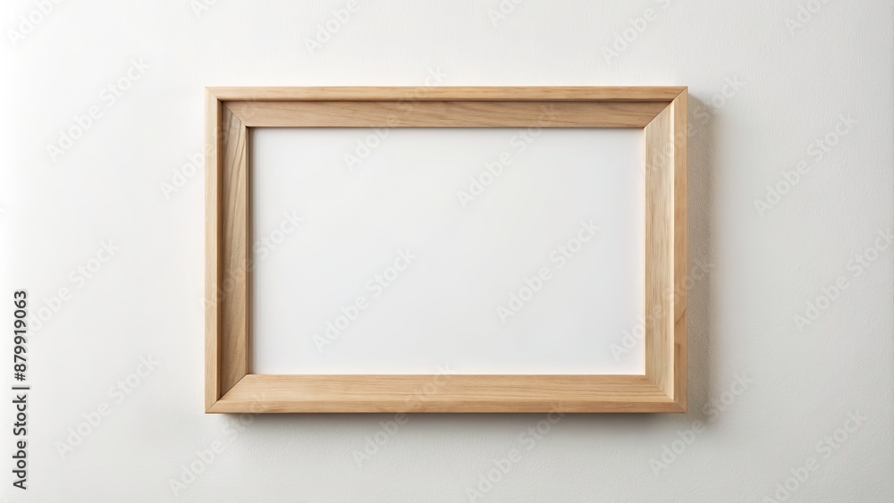 Empty modern wooden frame with passe-partout on white wall, clean and minimal, waiting for text or image insertion. Empty modern wooden frame with passe-partout on white wall, clean and minimal, waiting for text or image insertion.