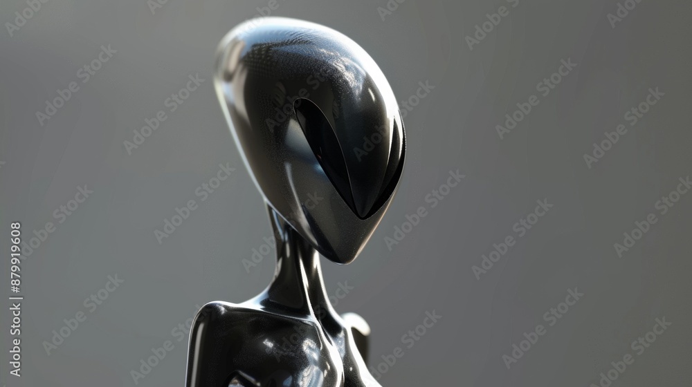 Close-Up Of A Shiny Grey Alien Sculpture With Elongated Head And Slender Body Close-Up Of A Shiny Grey Alien Sculpture With Elongated Head And Slender Body