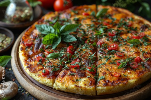 Plate of cauliflower crust pizza with vegetable toppings