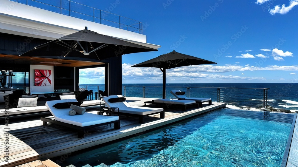 Fototapeta premium A pair of lounges sit on wooden planks near a pool by the sea