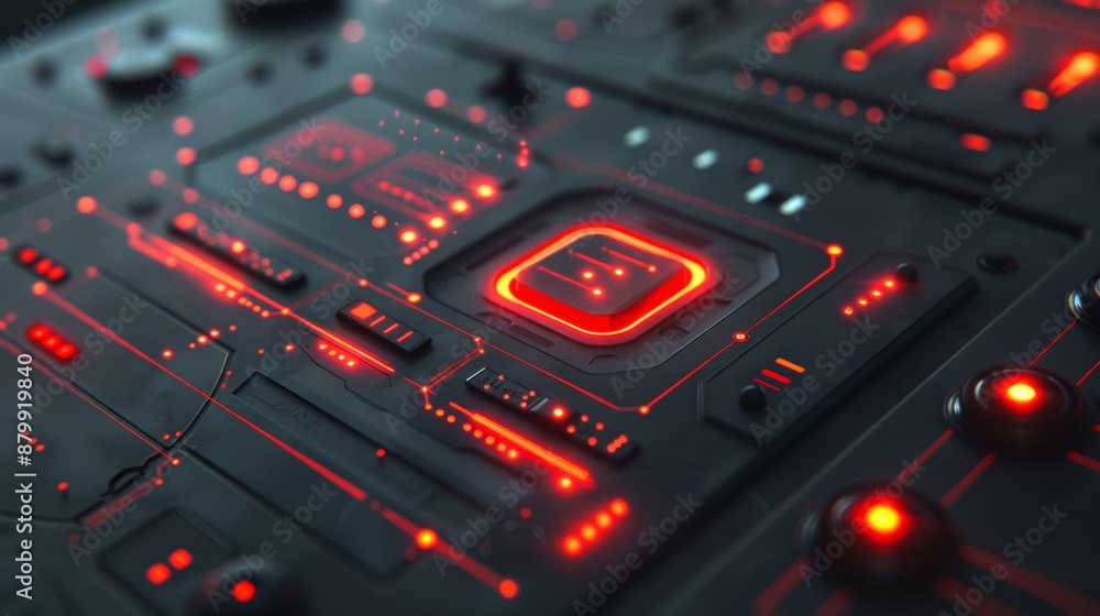 Close Up of a Futuristic Electronic Circuit Board With Red Lights Close Up of a Futuristic Electronic Circuit Board With Red Lights