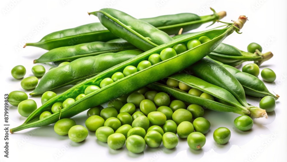 Freshly harvested vibrant green peas nestled in torn open pods scattered over a clean transparent background awaiting culinary creation. Freshly harvested vibrant green peas nestled in torn open pods scattered over a clean transparent background awaiting culinary creation.