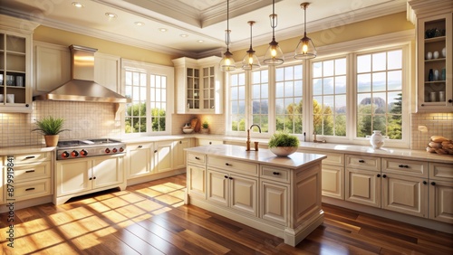 Wallpaper Mural Brightly lit classic cream kitchen interior with large window allowing natural light to pour in on warm wooden cabinets. Torontodigital.ca