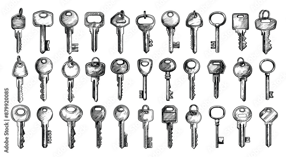 Keys sketches. Key with ring keyring for open home locks, safety estate door protection apartment security hand drawn vintage outline set vector illustration Keys sketches. Key with ring keyring for open home locks, safety estate door protection apartment security hand drawn vintage outline set vector illustration