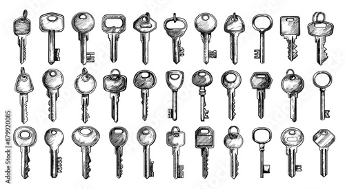 Keys sketches. Key with ring keyring for open home locks, safety estate door protection apartment security hand drawn vintage outline set vector illustration