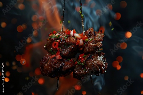 Baked meat. Delicious dish. Meat with spices and sauce. Pork knuckle hanging over a campfire on a dark background. Flames and smoke on dark background. photo