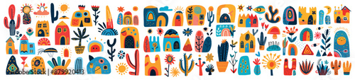Kids drawings wall. Baby children drawing doodle school crayons art abstract scribble shapes childish houses colourful plants preschool paint set vector illustration