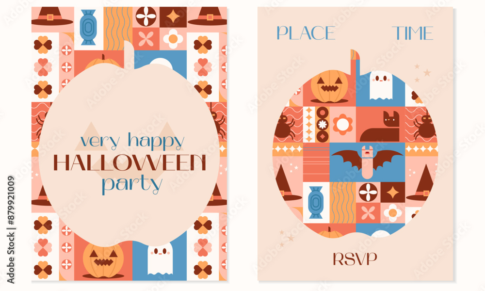Geometric Happy Halloween party invitation template with horror holiday elements. Geometric art with spooky icons. Print for Halloween party,Halloween sales. Vector illustration EPS 10 Geometric Happy Halloween party invitation template with horror holiday elements. Geometric art with spooky icons. Print for Halloween party,Halloween sales. Vector illustration EPS 10