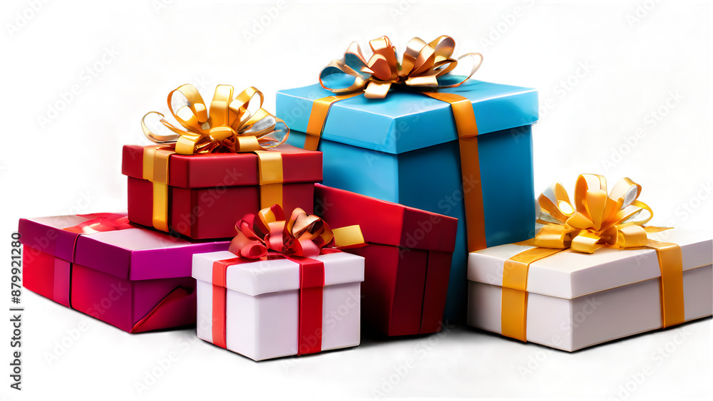 Obraz premium Stack of gift boxes different colors isolated on transparent background. PNG file, cut out 
