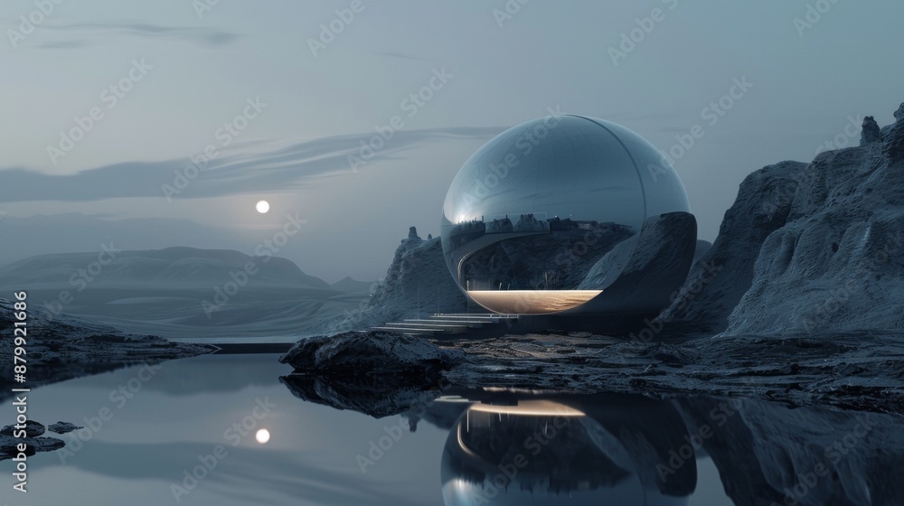 A Futuristic Silver Dome Structure Reflects Light On A Desolate Landscape