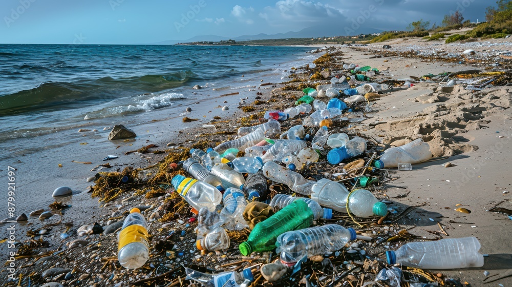 A beach littered with plastic bottles and debris A beach littered with plastic bottles and debris