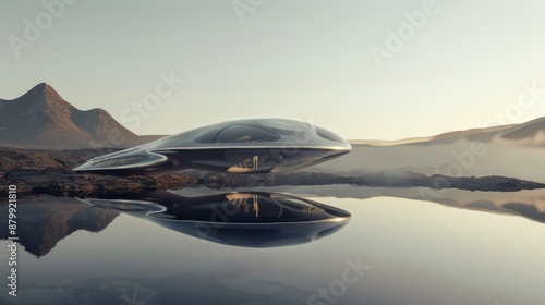 Wallpaper Mural Futuristic Flying Vehicle Hovering Over Water With Mountain Background Torontodigital.ca