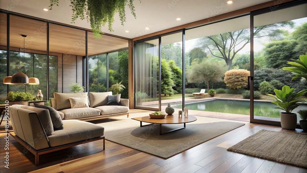 Serenity filled room with minimalist furniture elegant decor and sliding glass doors offering breathtaking view of calm garden oasis. Serenity filled room with minimalist furniture elegant decor and sliding glass doors offering breathtaking view of calm garden oasis.