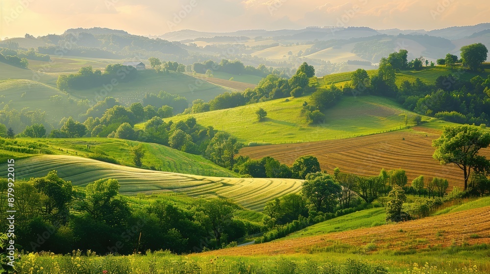 Rolling hills with a patchwork of farmland Rolling hills with a patchwork of farmland