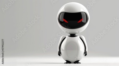 White Robot With Red Eyes Stands Against White Background