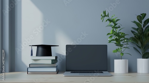 A clean and elegant 3D render featuring a laptop, a graduation cap, and a stack of books