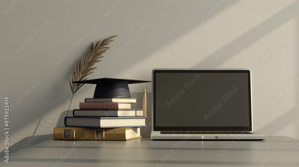 A clean and elegant 3D render featuring a laptop, a graduation cap, and a stack of books A clean and elegant 3D render featuring a laptop, a graduation cap, and a stack of books