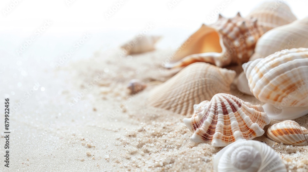 Seashell Decor. Closeup of Cockle and Conch Shells on White Background with Copy Space Seashell Decor. Closeup of Cockle and Conch Shells on White Background with Copy Space
