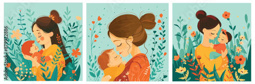 Mother hugs baby. Happy woman hug child in flowers, motherhood abstract posters female love mom kid together children care concept set vector illustration