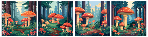 Mushrooms fairytale forest. Big mushroom on magic land meadow, fantasy mystery fairy tale cartoon game or book background fabulous wild timberland set vector illustration