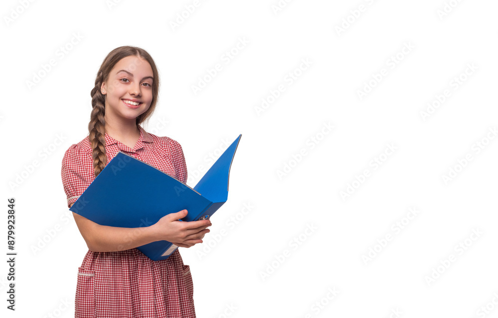 Knowledge and education. Student girl with education project. Teen girl with school project in folder. Back to school. Ready to study. Teen student isolated white. High school education. Copy space Knowledge and education. Student girl with education project. Teen girl with school project in folder. Back to school. Ready to study. Teen student isolated white. High school education. Copy space