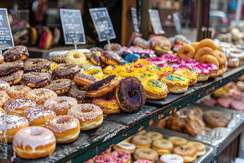 Doughnut Shop. Many Delicious Donuts on Display at Market Stall in Camden Town, London photo