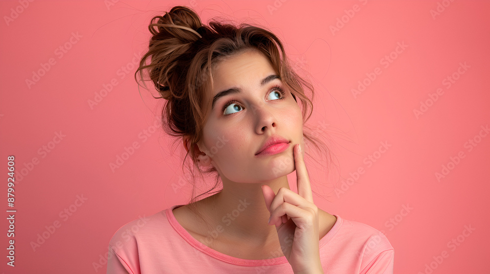 Young woman's portrait with a finger on her face, wearing a pink shirt Young woman's portrait with a finger on her face, wearing a pink shirt