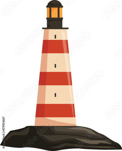 Tall, sturdy lighthouse with a distinctive red and white striped pattern, casting a beacon of light for safe passage