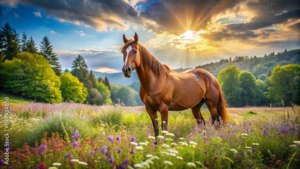 Majestic chestnut horse stands alone in a sun-drenched meadow surrounded by lush greenery and vibrant wildflowers on a warm summer day. Majestic chestnut horse stands alone in a sun-drenched meadow surrounded by lush greenery and vibrant wildflowers on a warm summer day.