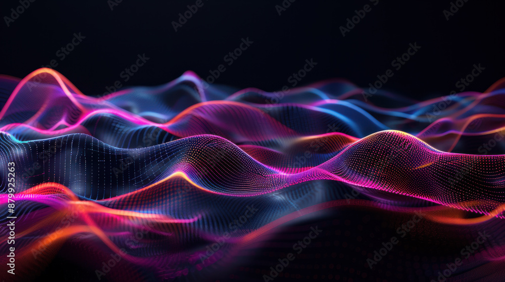 a black background with a few neon colors waves, geometric waves shapes, dark blue, purple, black. a black background with a few neon colors waves, geometric waves shapes, dark blue, purple, black.