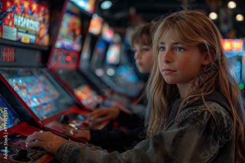 Retro arcade with kids playing Dance Dance Revolution