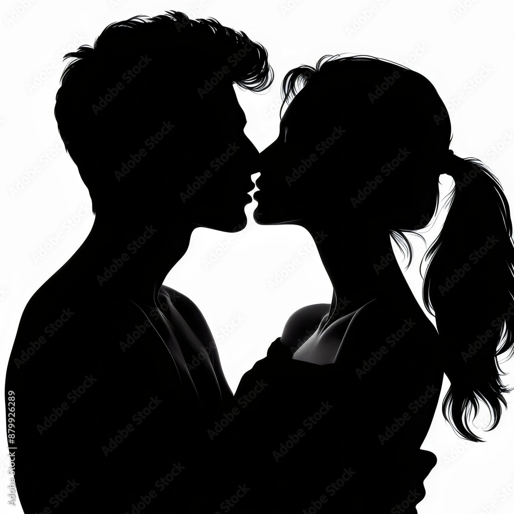 Silhouette of a kissing couple isolated on white background Silhouette of a kissing couple isolated on white background