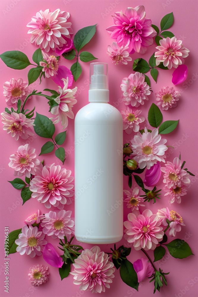 Skin lotion bottle mockup with pink and white flowers around it on the table. Pastel minimalistic banner with product mockup for skincare promo or advertising with copy space for text. Skin lotion bottle mockup with pink and white flowers around it on the table. Pastel minimalistic banner with product mockup for skincare promo or advertising with copy space for text.