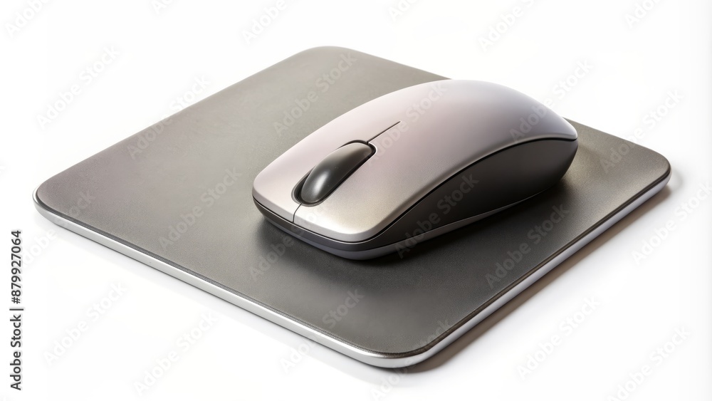 Modern, ergonomic wireless computer mouse lies beside a sleek, rectangular mouse pad on a clean, white, isolated background surface. Modern, ergonomic wireless computer mouse lies beside a sleek, rectangular mouse pad on a clean, white, isolated background surface.