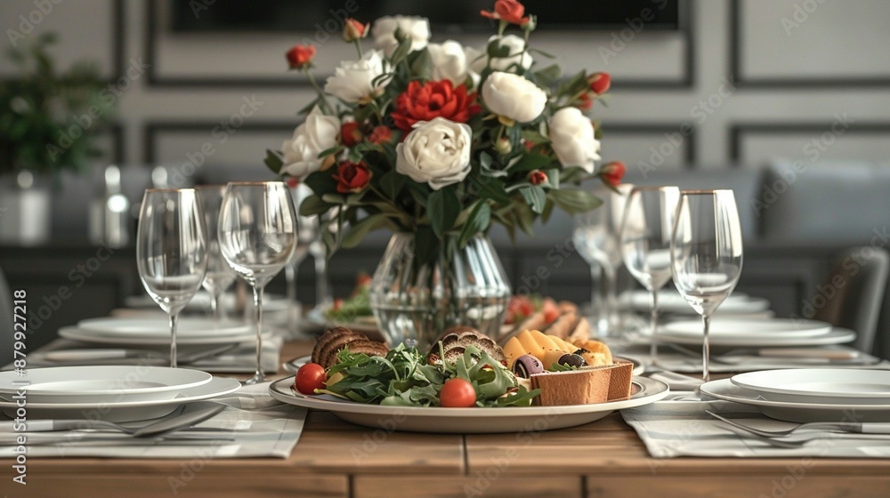 A table with a plate of food, vase of flowers, wine glasses, and plates A table with a plate of food, vase of flowers, wine glasses, and plates